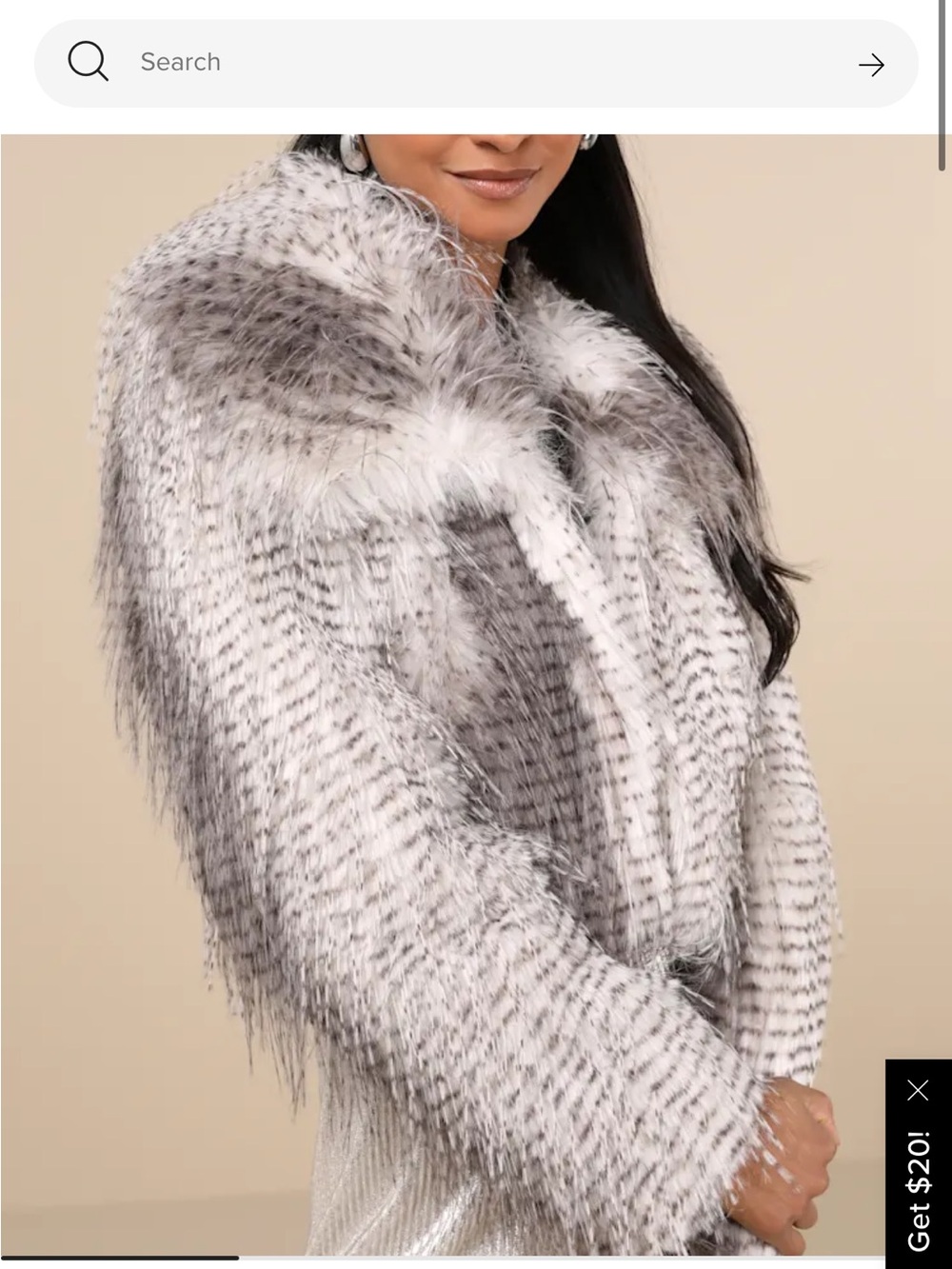 Lulus Faux Fur Feathered Open Front Jacket in Gray and White
